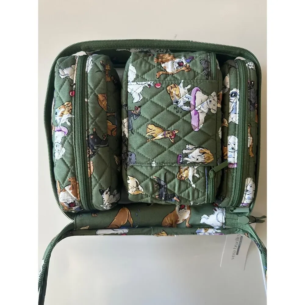 New Vera Bradley DOG PARK 4 Piece Cosmetic Organizer Set Green Quilted
